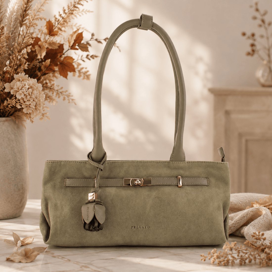 Bolso de hombro de Piel y Serraje Pregato Aurea Taupe