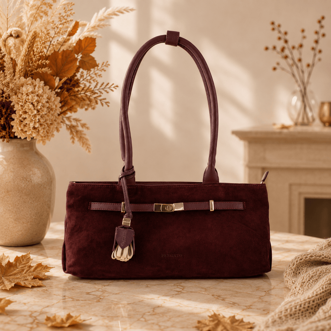 Bolso de hombro de Piel y Serraje Pregato Aurea Burdeos