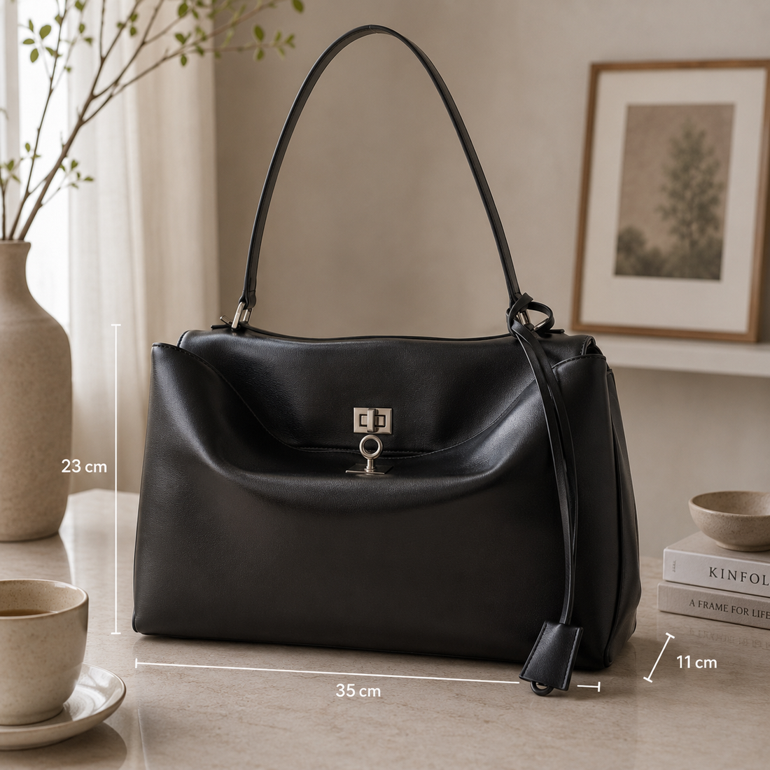 Bolso en piel Pregato Lussari Negro Herraje Plata - 35cm