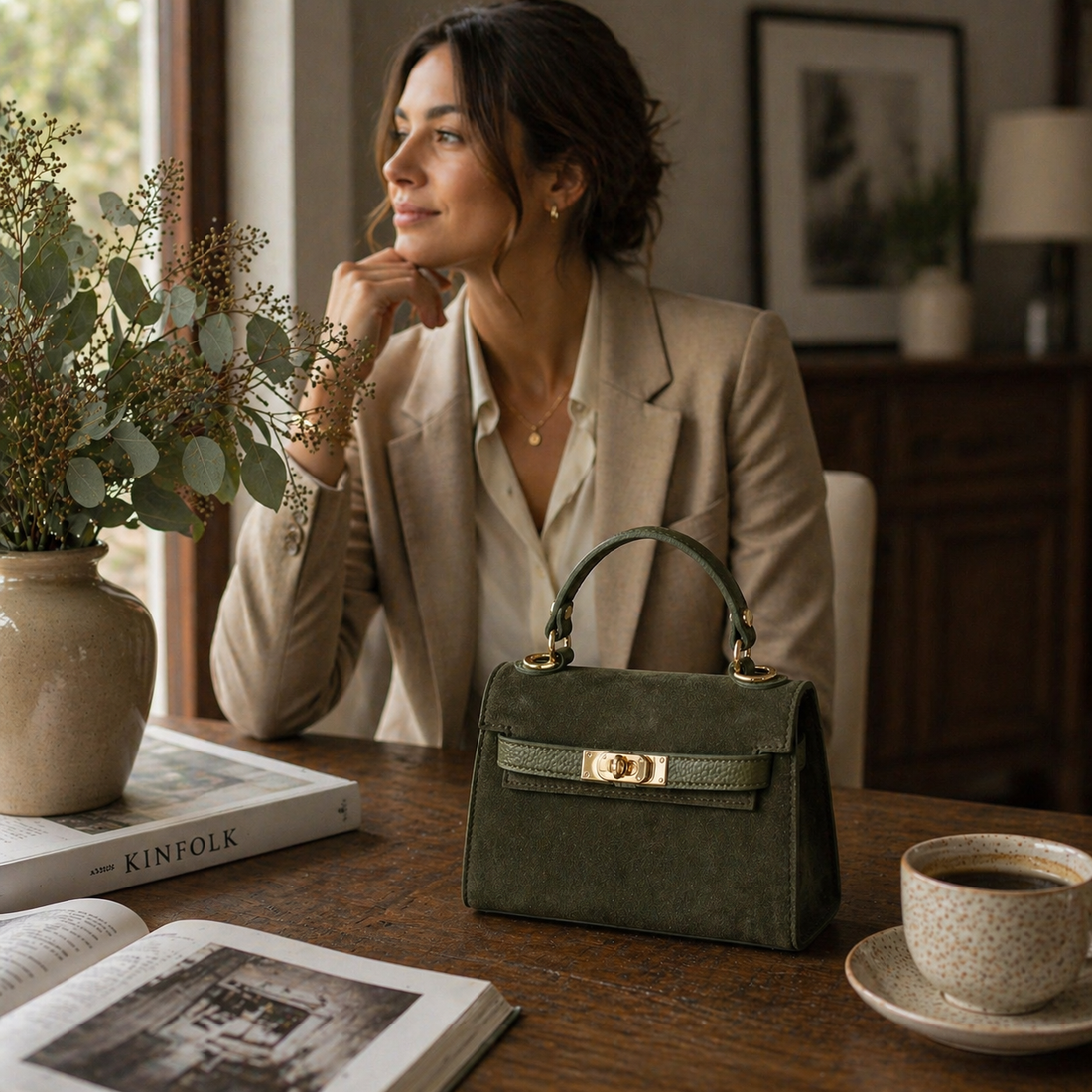 Bolso en Piel Pregato mini Latenza Ante Verde Oliva