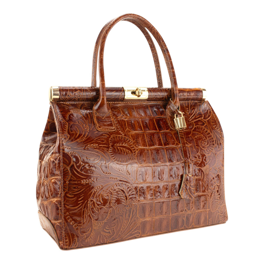 Bolso de mano en Piel Pregato Classic Special Croc Floral Camel
