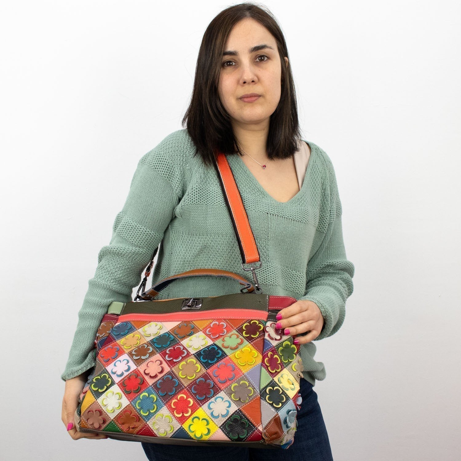 Bolso de mano con broche en Piel Pregato Mosaic Floral - KimondoShop