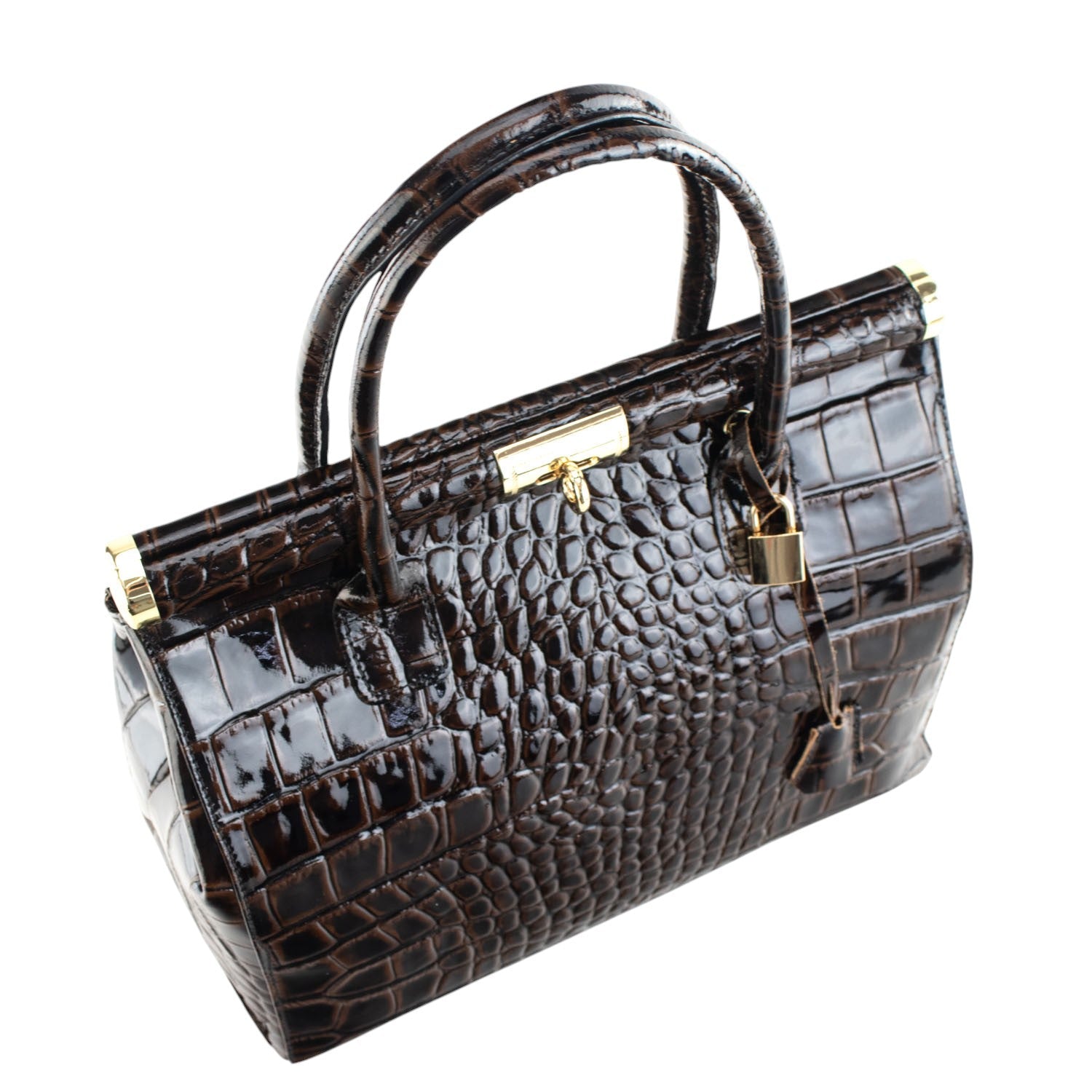 Bolso de mano en Piel Pregato Classic Special Croc Marrón oscuro - KimondoShop