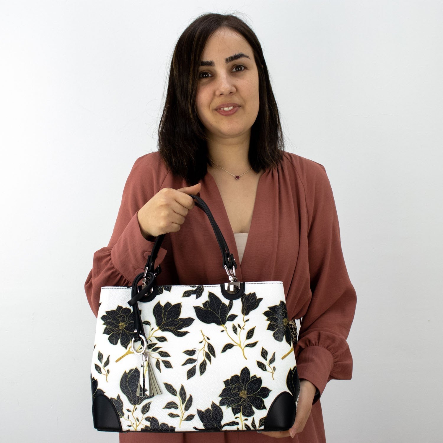 Bolso en piel Pregato Eleganza Fiori Neri Negro - KimondoShop