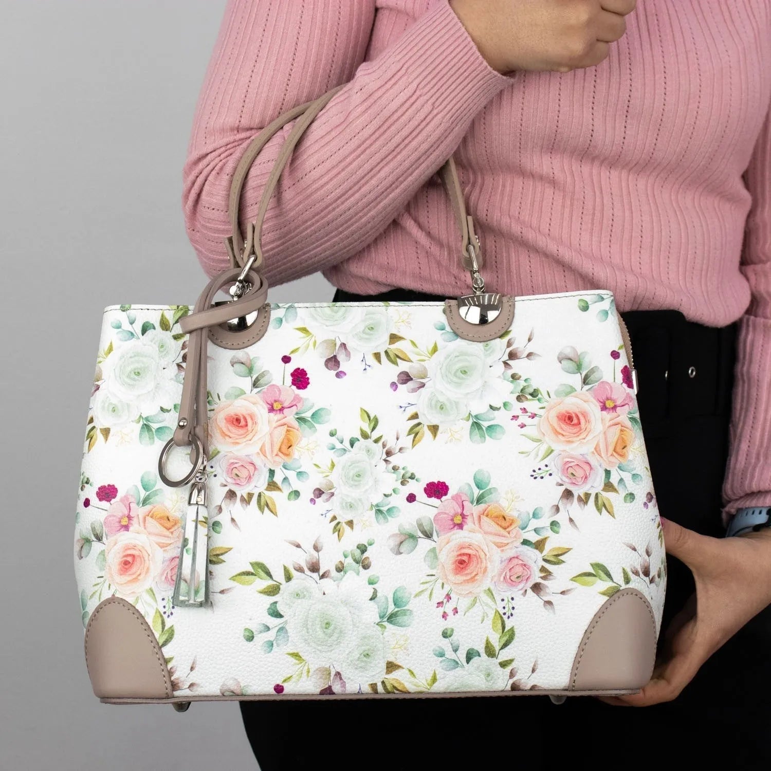 Bolso en piel Pregato Eleganza Floral Taupe - KimondoShop