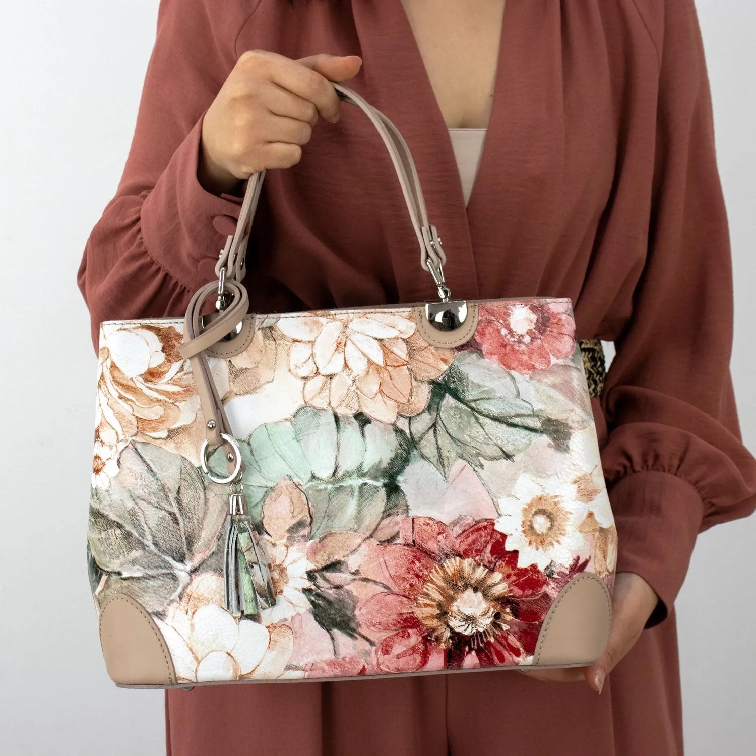 Bolso en piel Pregato Eleganza Flores Beige - KimondoShop