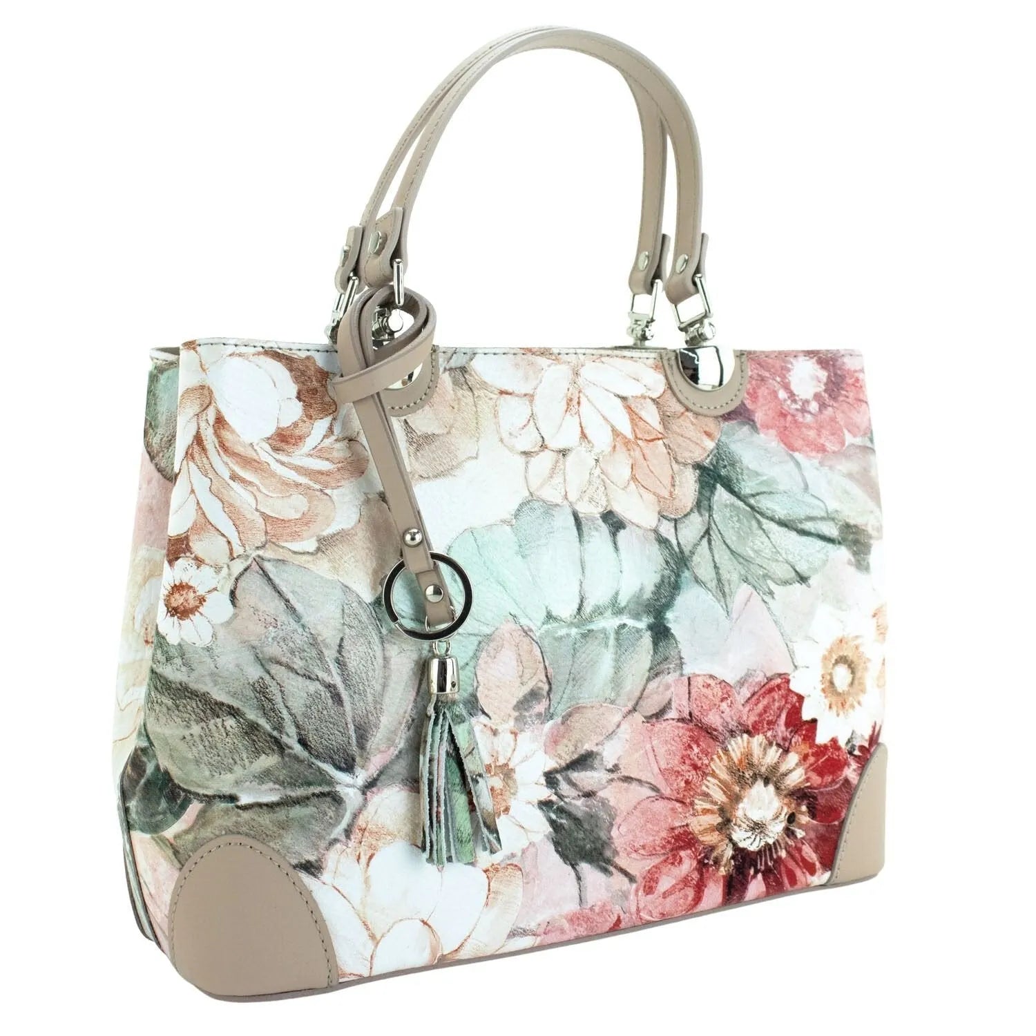 Bolso en piel Pregato Eleganza Flores Beige - KimondoShop