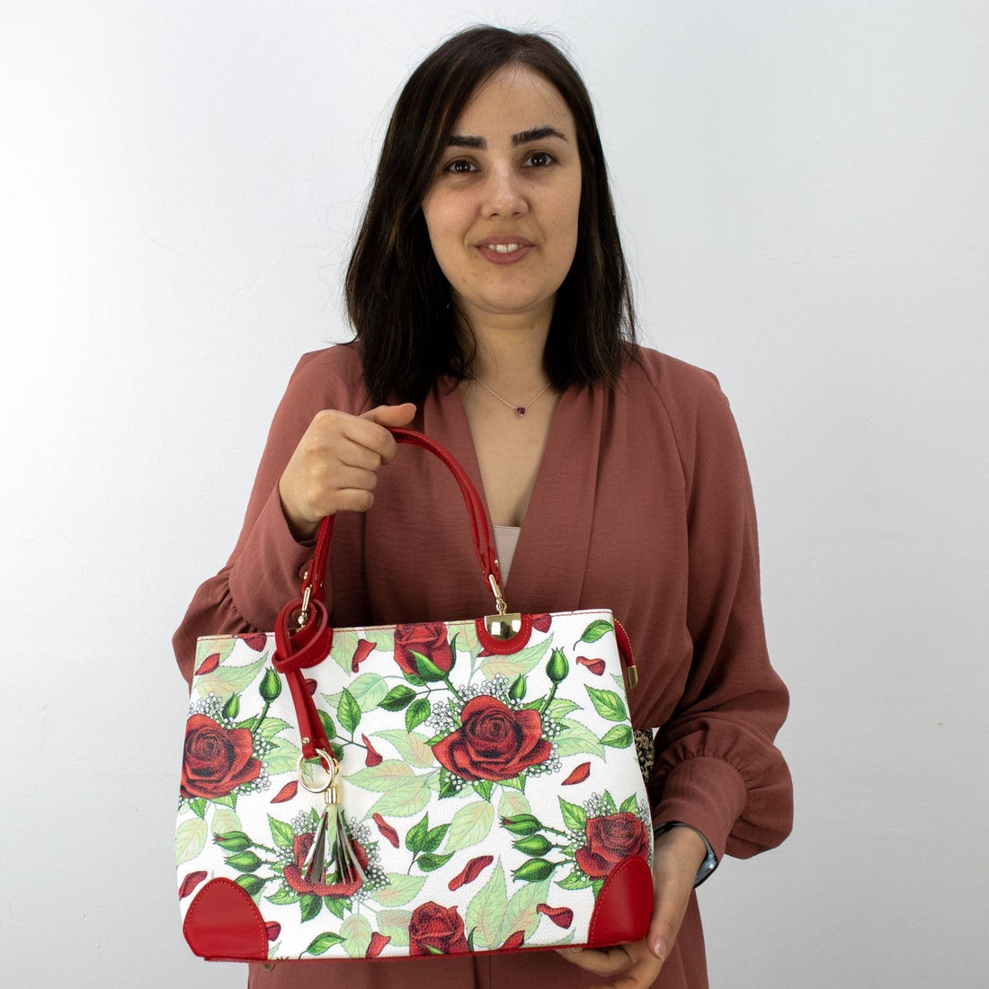 Bolso en piel Pregato Eleganza Rosas verde - KimondoShop