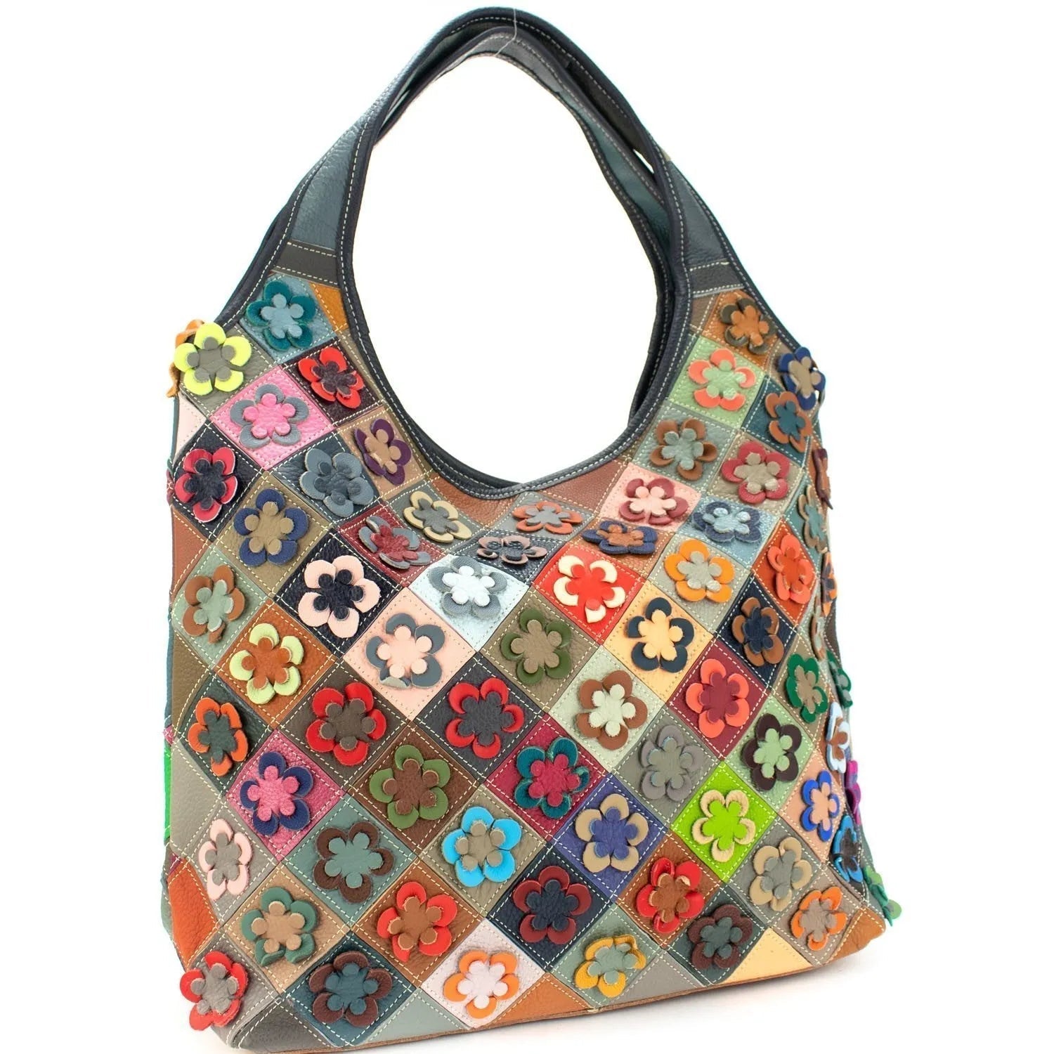 Bolso hobo con bandolera de Piel Pregato Mosaic Flowers - KimondoShop