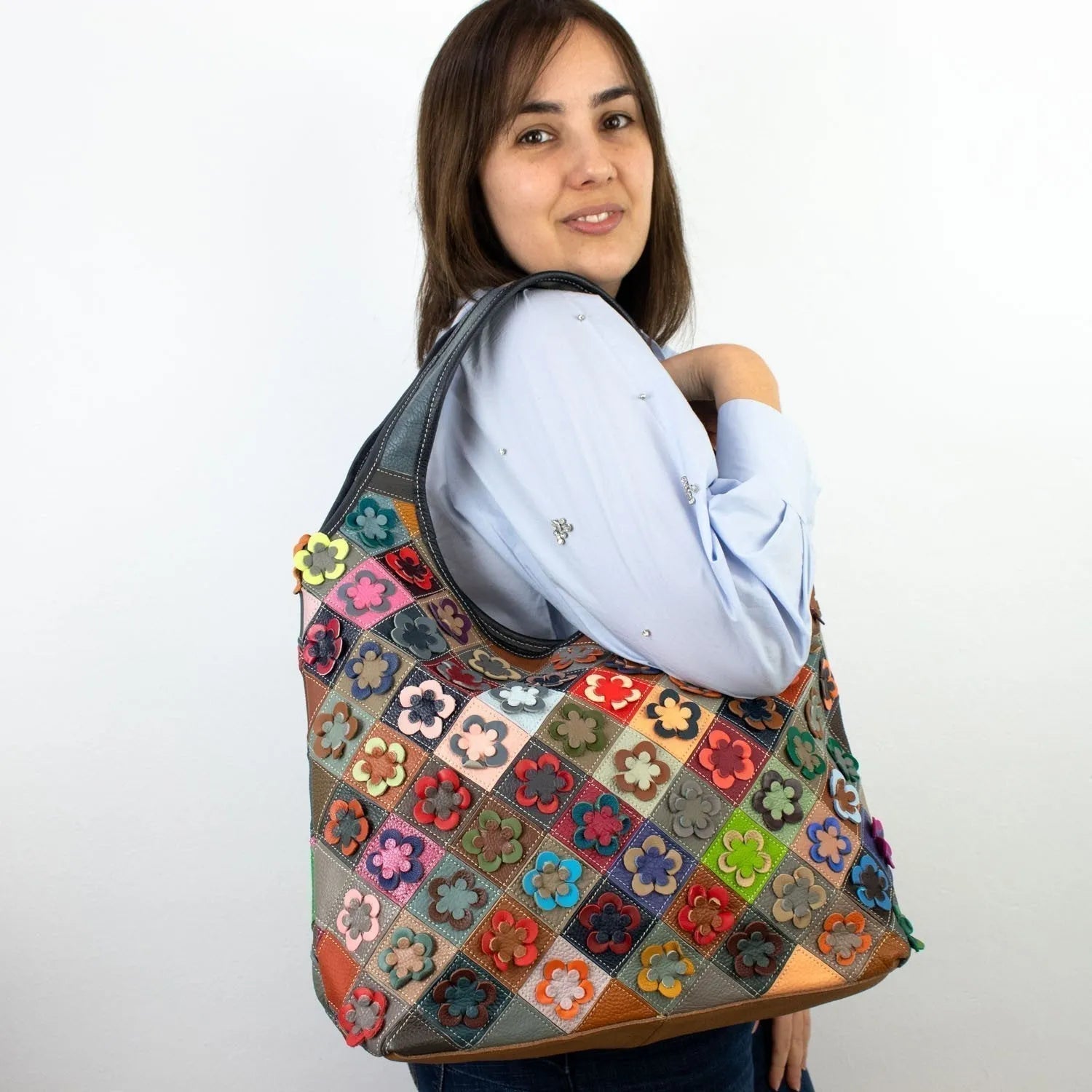 Bolso hobo con bandolera de Piel Pregato Mosaic Flowers - KimondoShop