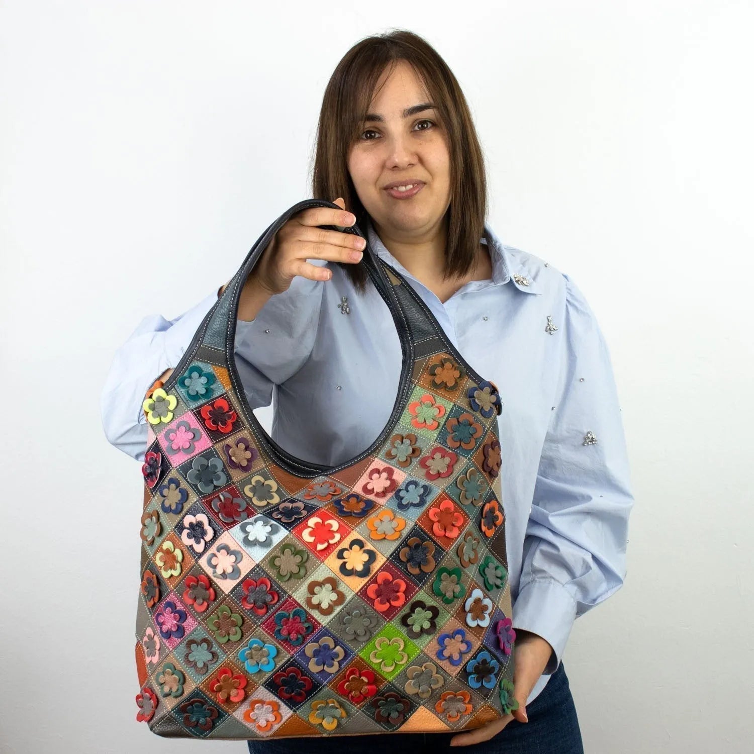 Bolso hobo con bandolera de Piel Pregato Mosaic Flowers - KimondoShop