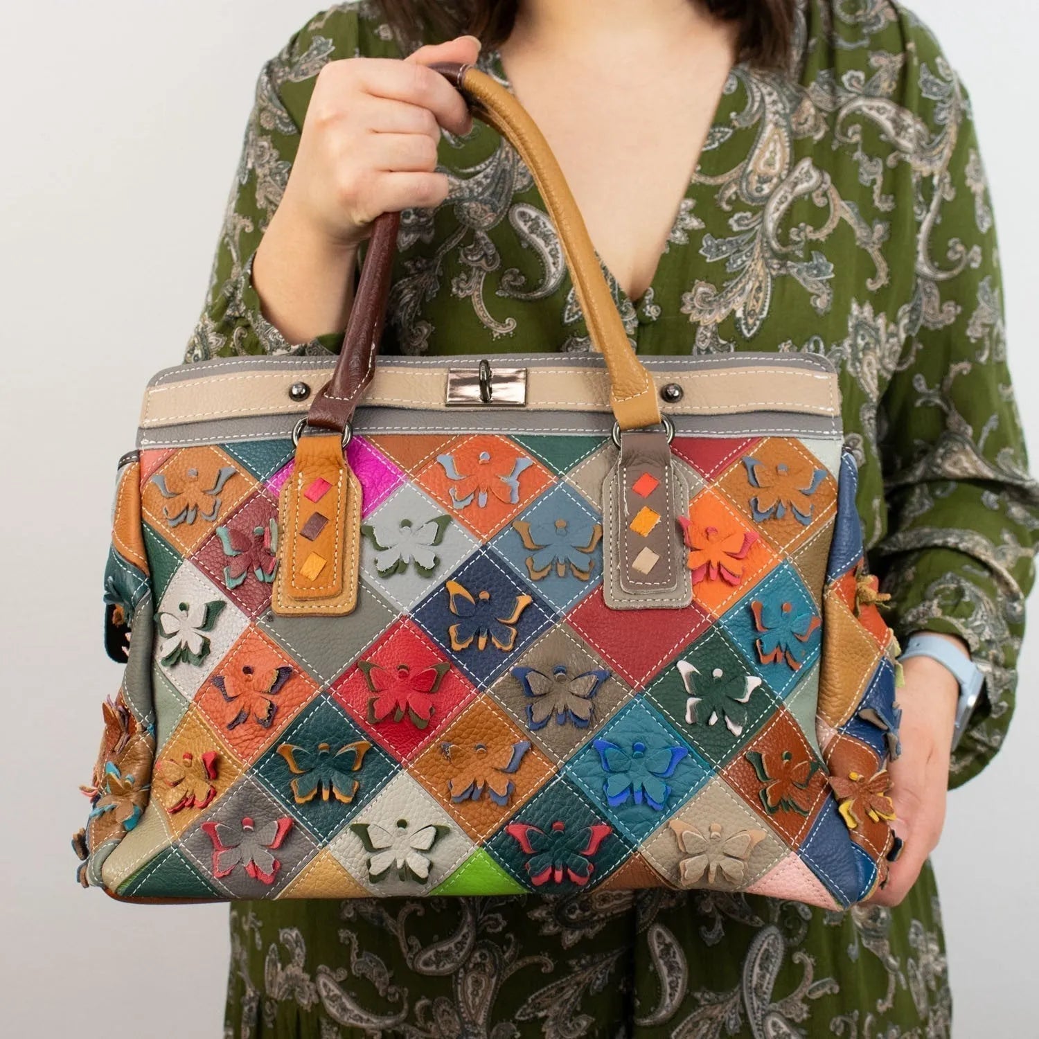 Bolso shopper con broche de Piel Pregato Mosaic Buterfly - KimondoShop