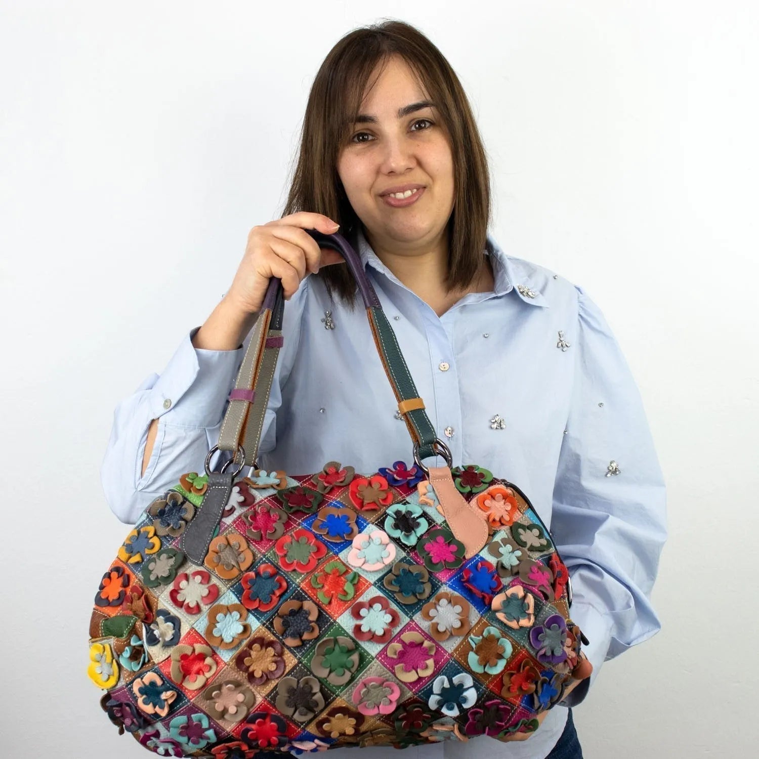 Bolso shopper grande de Piel Pregato Mosaic Flowers - KimondoShop