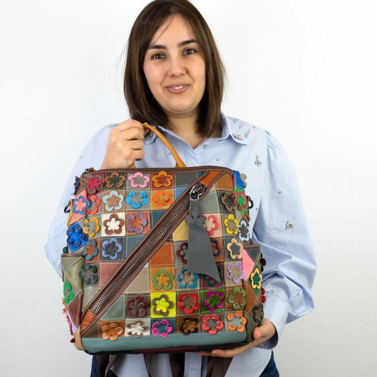 Mochila con bandolera de Piel Pregato Mosaic Flowers - KimondoShop