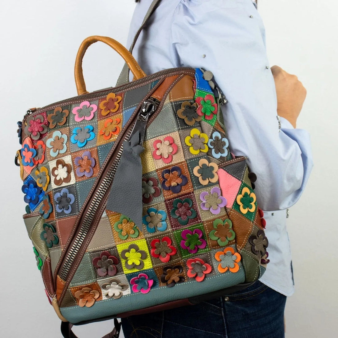 Mochila con bandolera de Piel Pregato Mosaic Flowers - KimondoShop